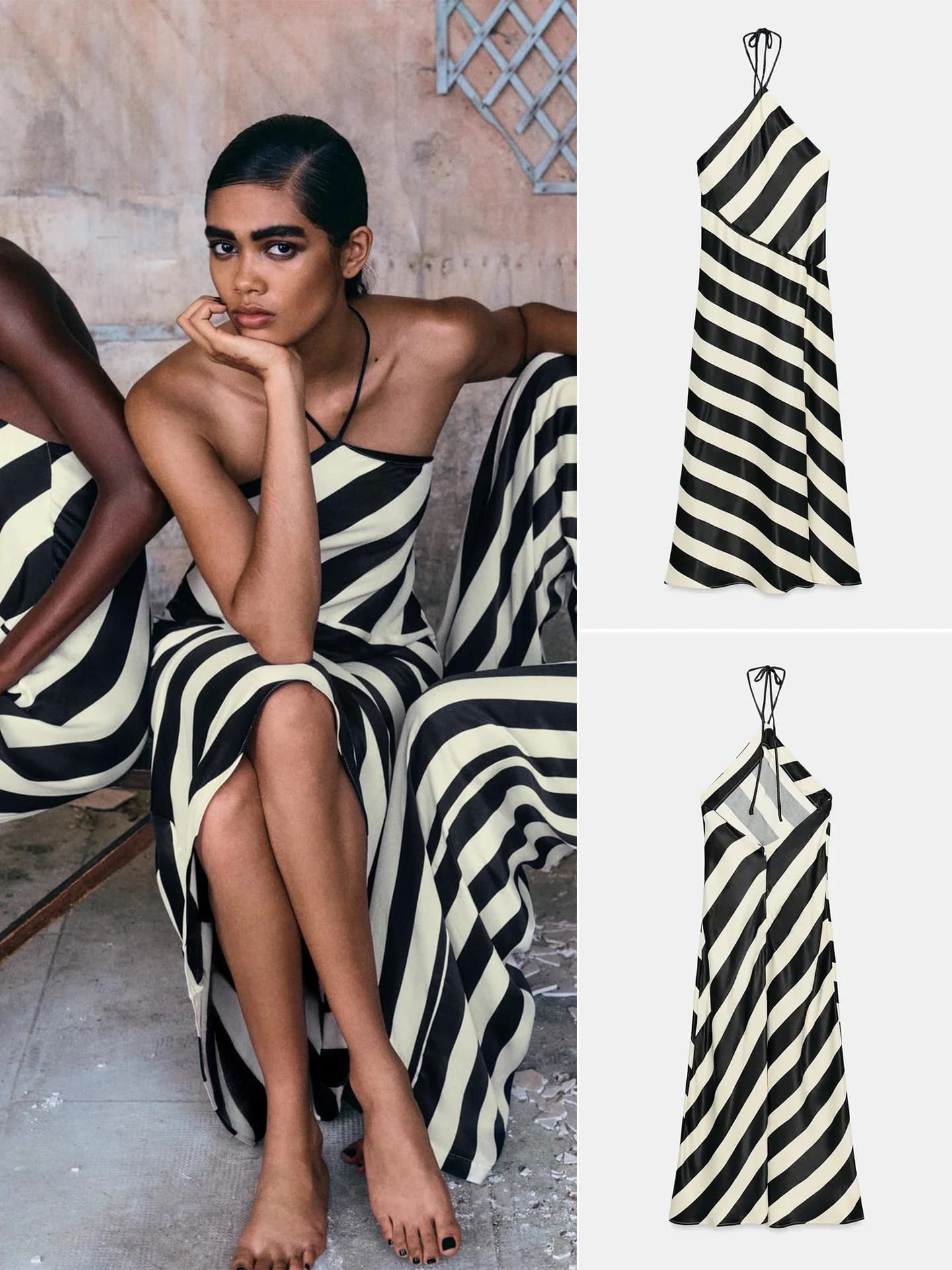 New Summer Women's Dress Ins Style Backless Color Block Striped Midi Neck Hanging Gown Loose Fit Polyester Outdoor Wear