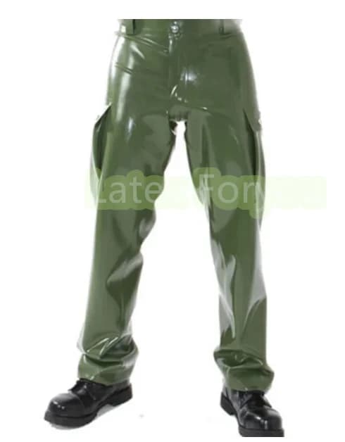 Women's Natural latex Pants Handmade Green Rubber Military Side Pocket Men's Front Zipper Cosplay Costumes Custom 0.4 mm