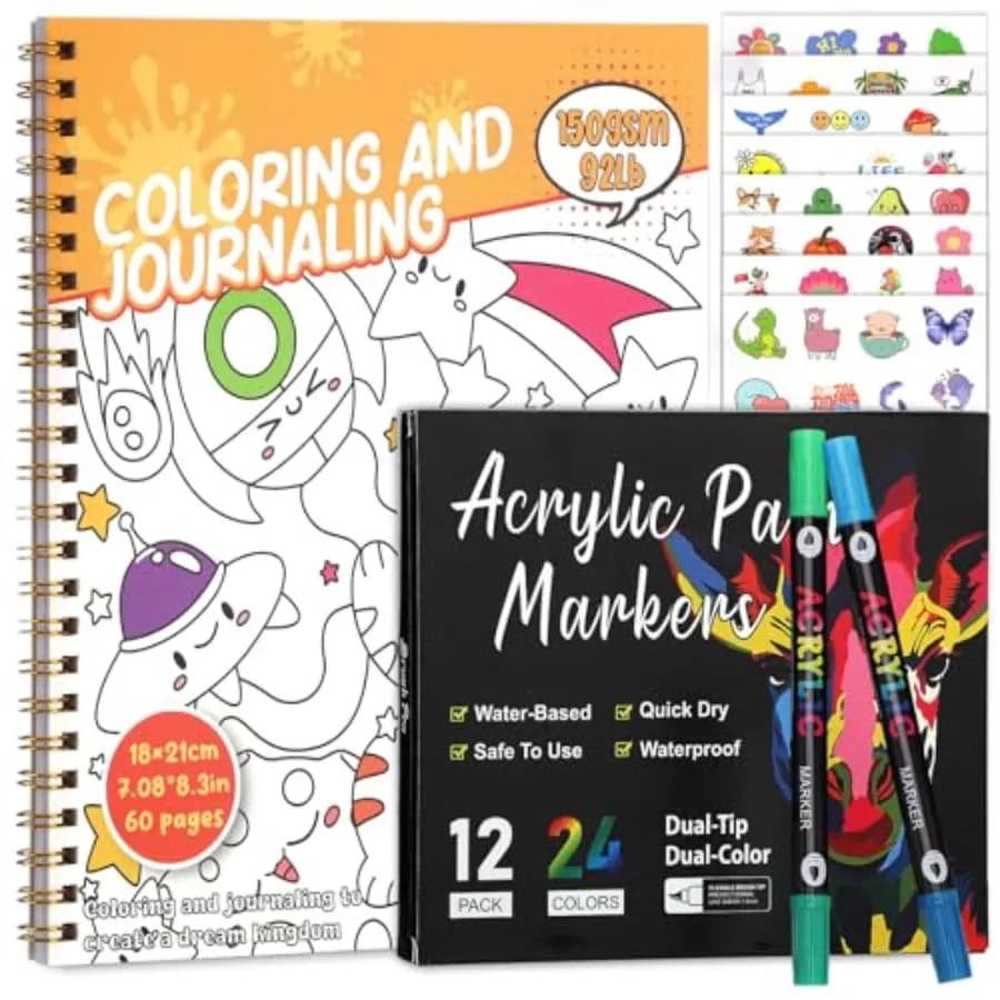 Coloring Book Set with 24-Color Acrylic Markers and Stickers, Ages 14+ Travel Sketch Book, 60 Pages 150gsm Thick Paper 7x8.3in