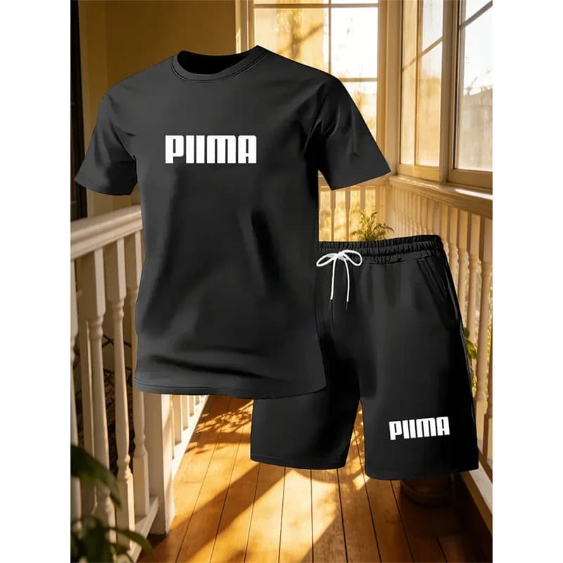 Nuovo completo sportivo da uomo a maniche corte con t-shirt e pantaloncini, design personalizzato con stampa di lettere, estivo, casual, comodo, set da 2 pezzi