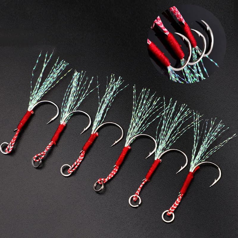 100-20pcs Slow Jigging Fishing Cast Jigs Assist Hook Barbed Single Jig Hooks Thread Feather Pesca High Carbon Steel Fishing Lure