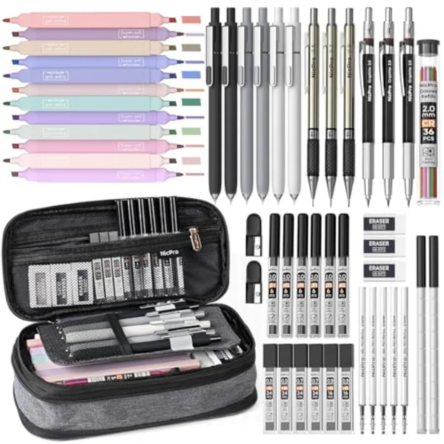 50 PCS School Supplies Stationary Set with Pencil Case - 6 Gel Pens and Refills, 2 Highlighters, 6 Art Mechanical Pencil Set, 2