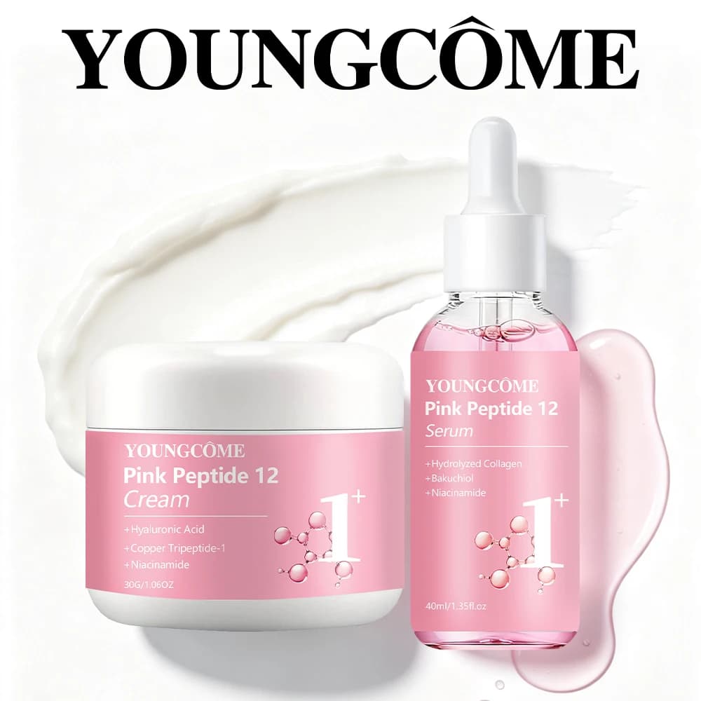 Face Cream Serum Set YOUNGCOME Pink Peptide 12 Hyaluronic Acid Bakuchiol Niacinamide Hydrolyzed Collagen Hydrating Skin Care Set