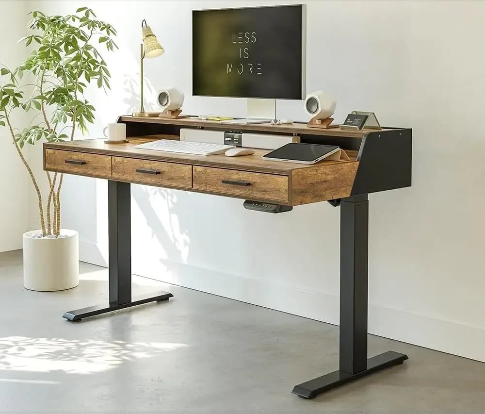 48x26 Inches Standing Desk with 3 Wooden Drawers and Monitor Shelf, Height Adjustable Computer Desk, Ergonomic Rising Home Offic