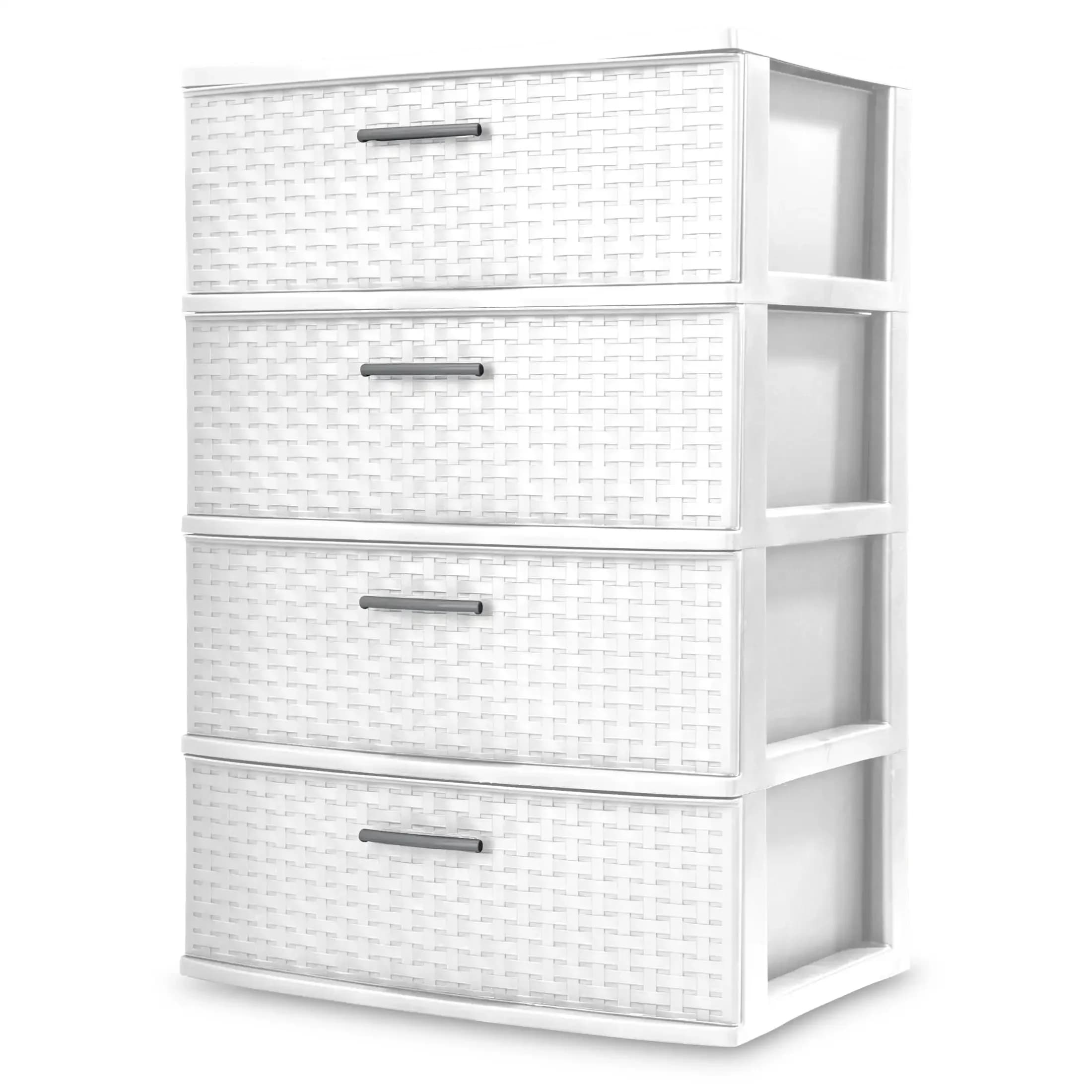 4-Drawer Wide-Woven Storage Tower with Pull Handles, White Plastic Decorative Unit