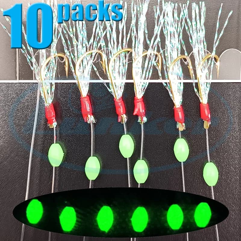 Lunker sabiki rigs 10 confezioni ganci in acciaio ad alto tenore di carbonio attrezzatura da pesca in acqua salata perline luminose brillanti tinsel Pesca