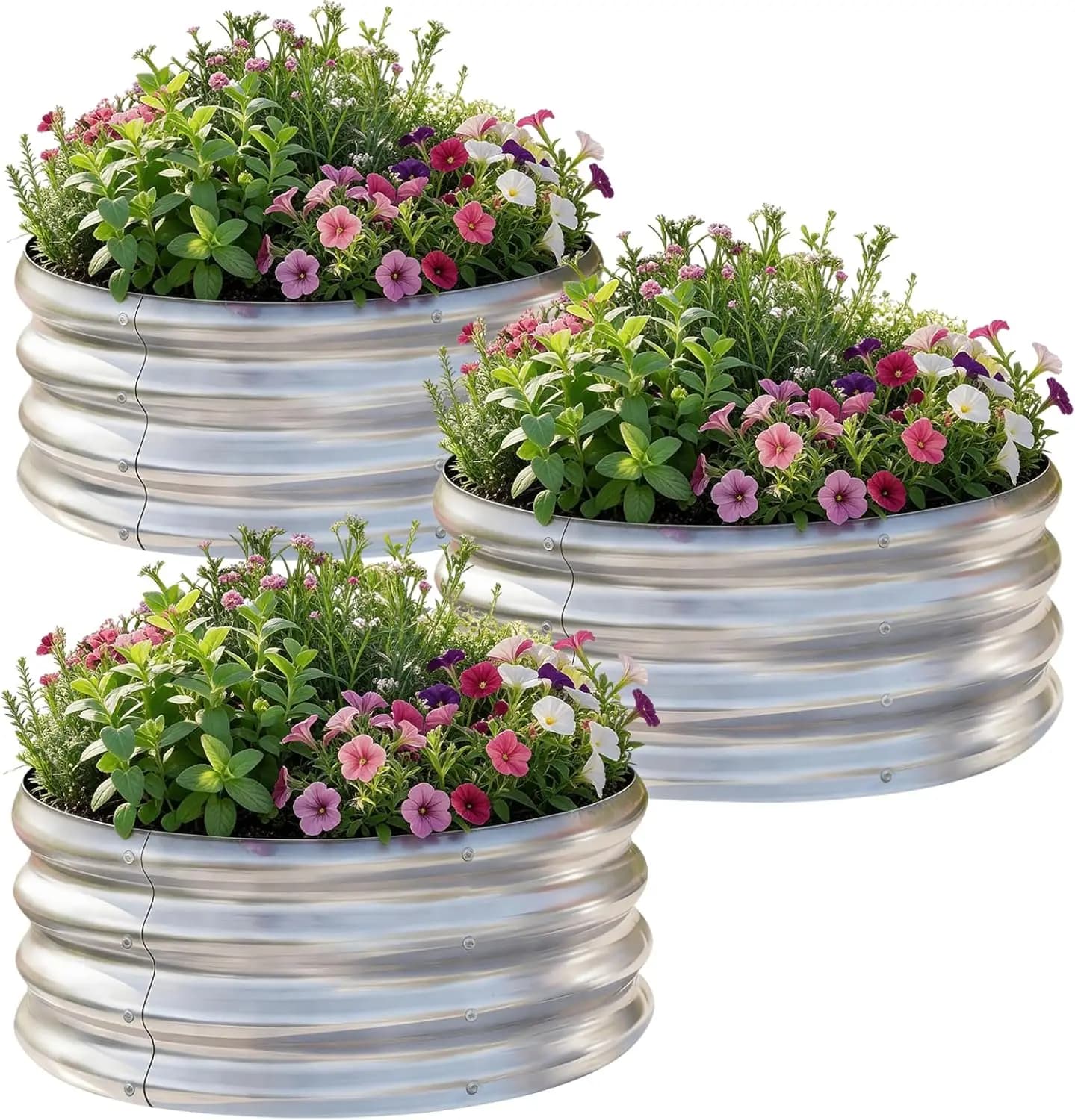 Kit di 3 Aiuole Rialzate Rotonde in Metallo Zincato, 2x2x1 ft, per Coltivazione Esterna di Frutta ed Erbe - Argento