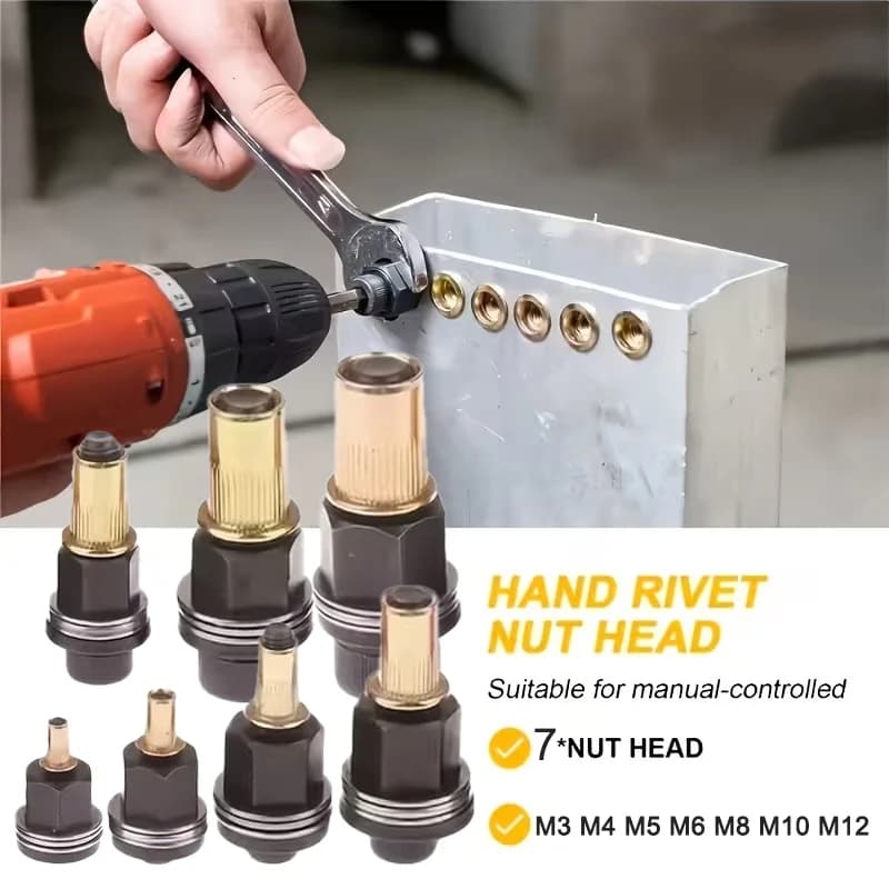 Kit di attrezzi per dadi per rivetti in acciaio al carbonio M3-M12 da 7 pezzi - Chiave manuale e trapano compatibile per l'installazione di rivetti ciechi per scaffalature di riparazione auto