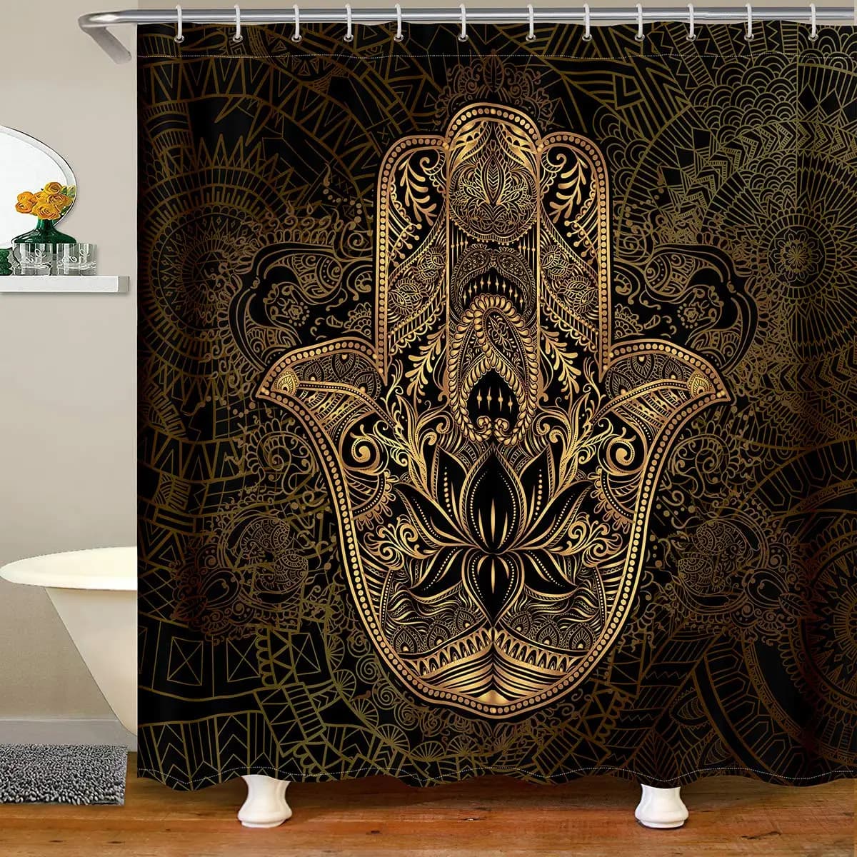 Tenda da doccia a mano Gold Hamsa, tenda da bagno Boho Chic Mandala Bohemian Hippie Decorazioni per il bagno Paisley Tribal Tie Dye Set di tende