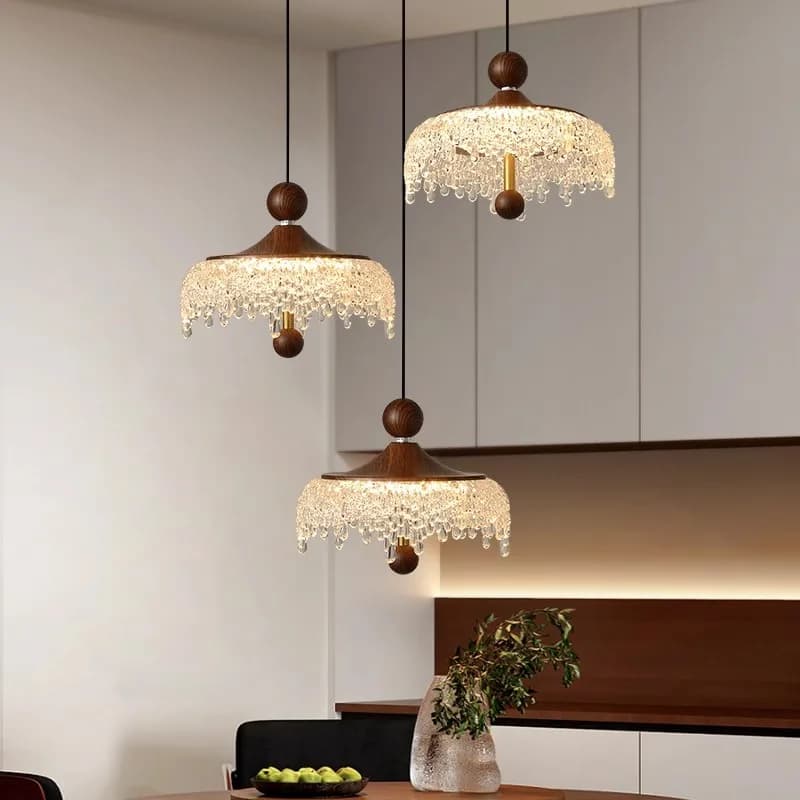 French Waterdrop Restaurant Pendant Three Head Long Plate Bar Desk Lamp Retro Walnut Color Pendant
