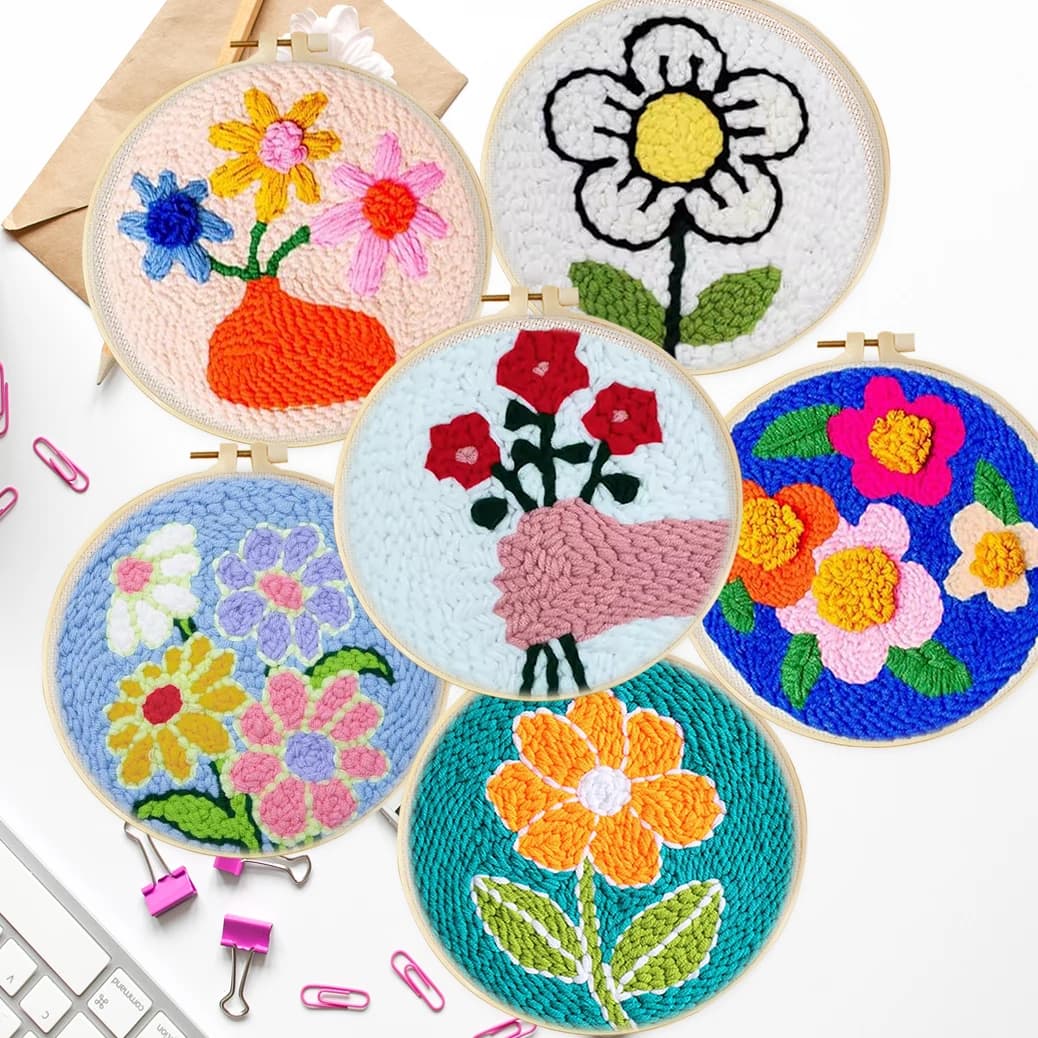 CHENISTORY Punch Needle Embroidery Starter Kit Punch Needle Kits Cartoon Flowers Pattern Embroidery For Adults Kids Beginner