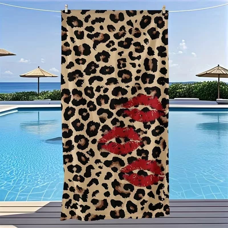 Telo Mare Leopardato con Labbra Rosse, Asciugatura Rapida, Morbido, Assorbente, Anti-Sabbia, per Donna, Vacanze Estive, Piscina, Palestra, Viaggi