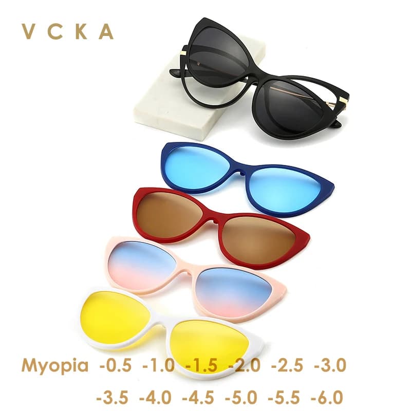 VCKA Cat Eye 5 + 1 Set occhiali da sole miopia donna occhiali magnetici polarizzati TR90 Clip-on prescrizione 1.61 1.67 Custom -0.5 ~-10