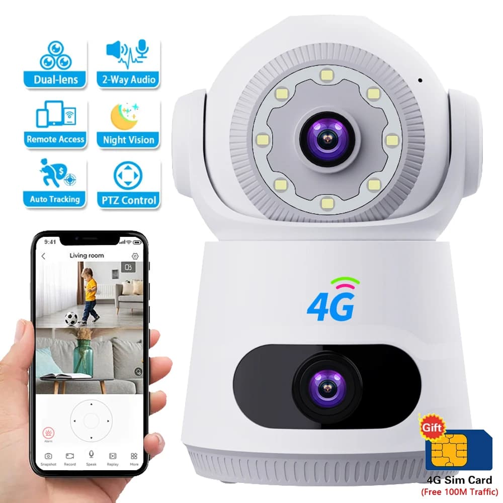 Telecamera 4G con scheda SIM 8MP 4K Doppia lente Doppio schermo Audio bidirezionale Baby monitor da interno Telecamera IP CCTV Sorveglianza Sicurezza domestica