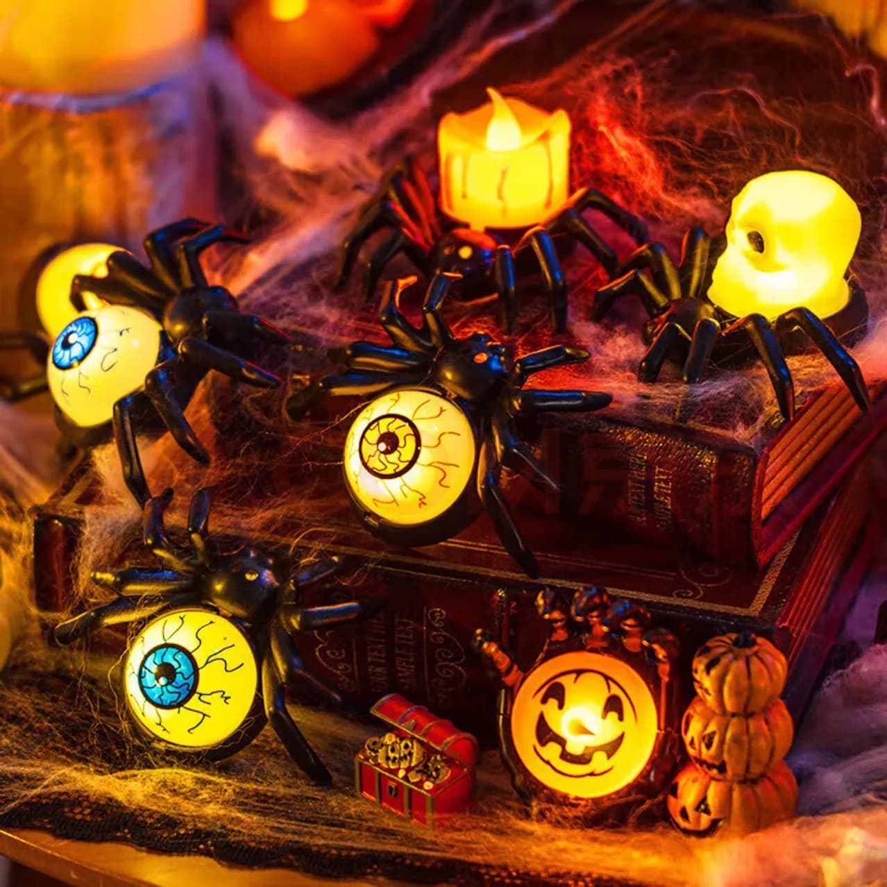 Divertenti luci di candela a ragno Atmosfera di Halloween Decorazione natalizia Puntelli Ornamenti a LED Regali di festa Forniture per decorazioni per feste