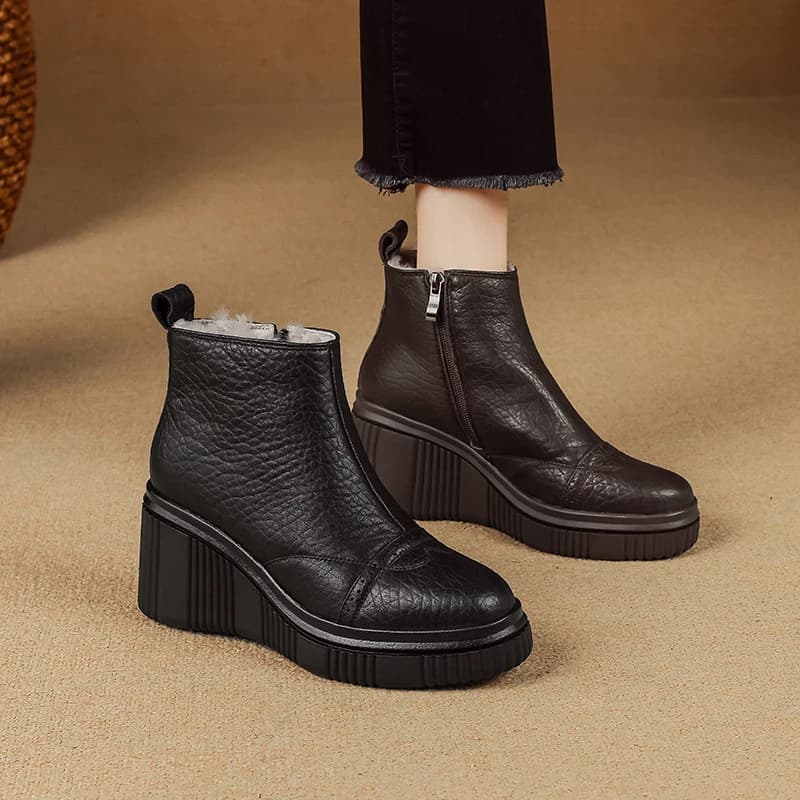 2026 new winter women ankle boots natural leather plus size 22-25.5cm sheepskin+wool round toe wedges retro side zip short boots