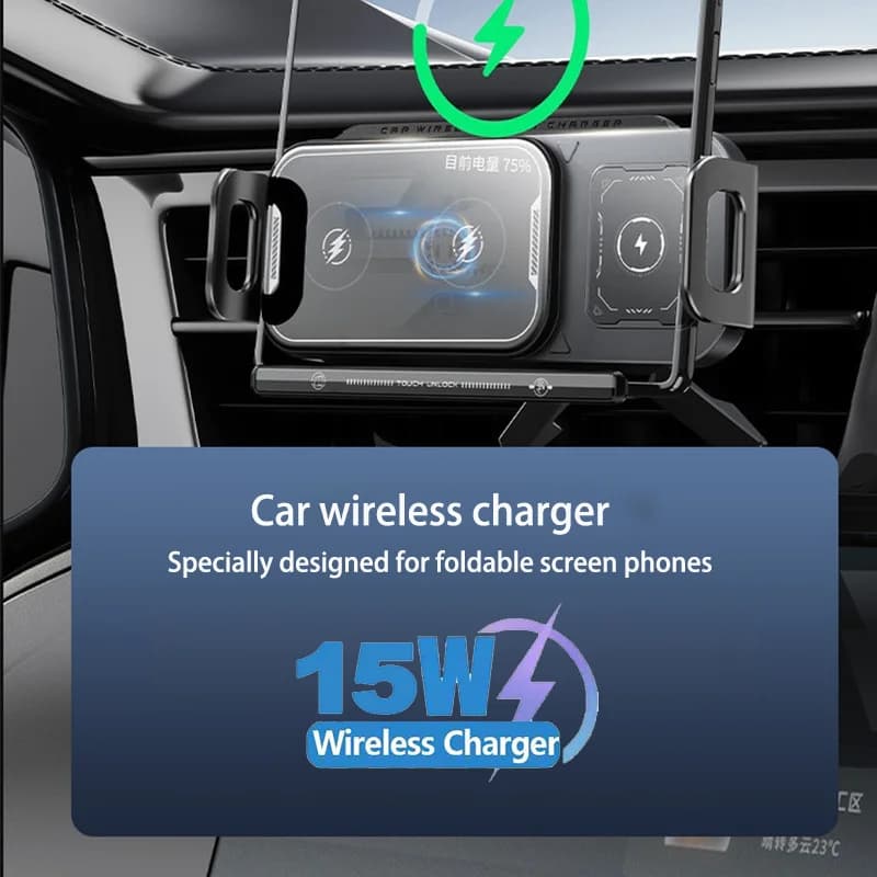 Caricabatterie wireless per auto a doppia bobina, ricarica rapida per Samsung Galaxy Z Fold 5 6 Flip 3 4, supporto per telefono da auto con fissaggio all'aria.