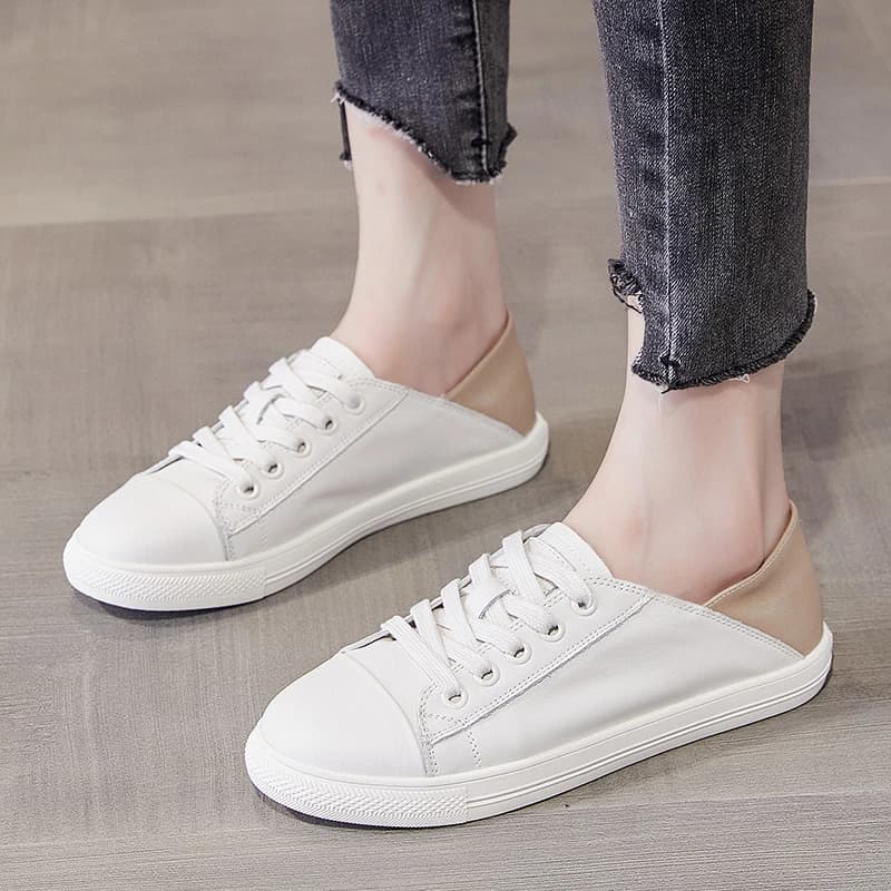 Two Ways Wear Contrast Green Heel Genuine Leather White Sneakers For Women 2026 Summer New Fold Down Collapsible Heel Lace Up