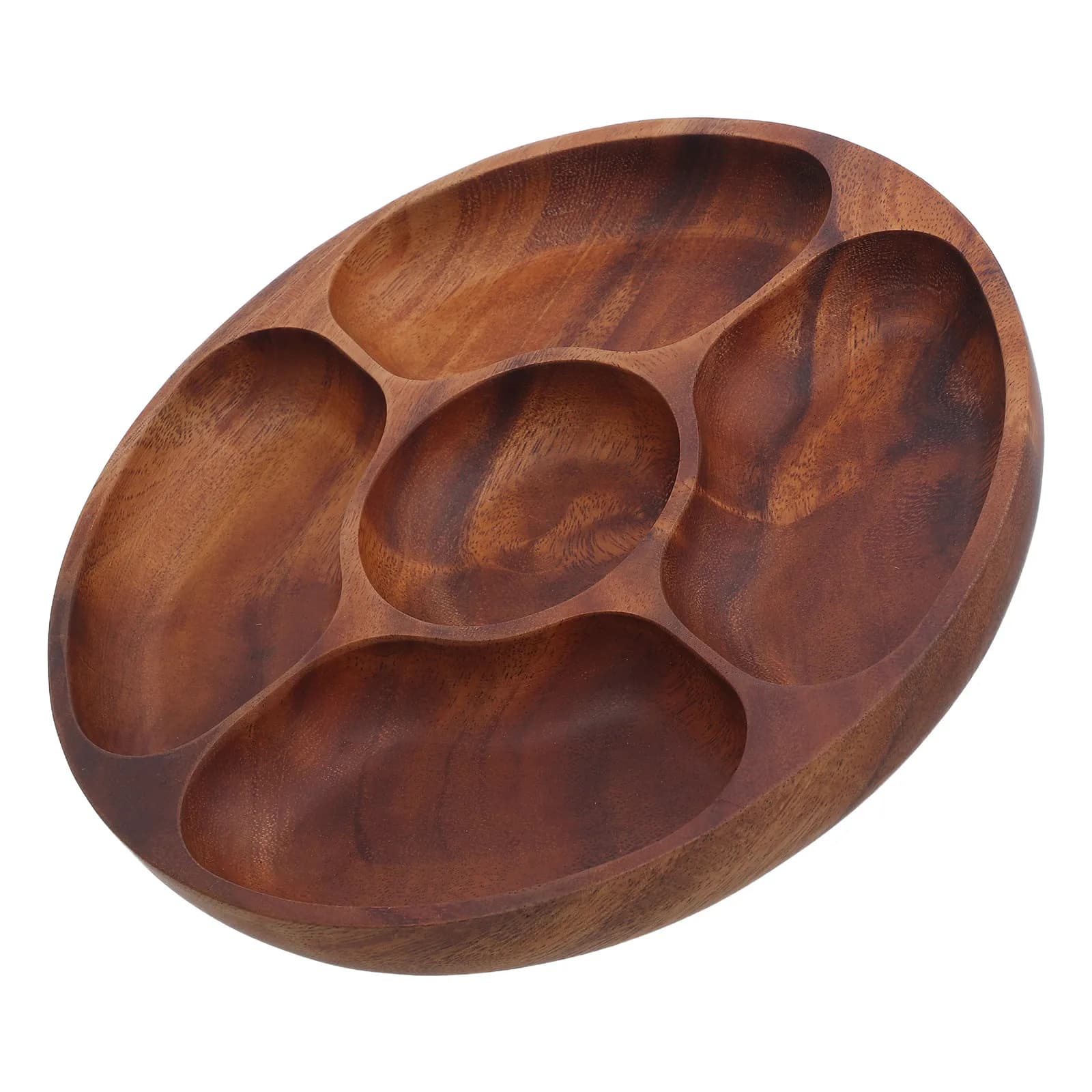 Divided Snack Tray Round Acacia Wood 5 Compartments Serving Tray for Dried Fruit Nuts Candy Appetizer Round Wood Snack Plate