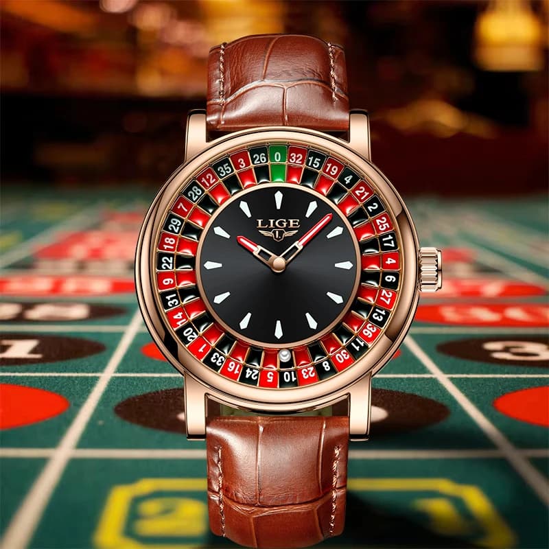 LIGE Casual Vintage Quartz Watches for Men Fashion Leather Strap Creative Gambling Table Roulette Game Dial Waterproof Man Watch