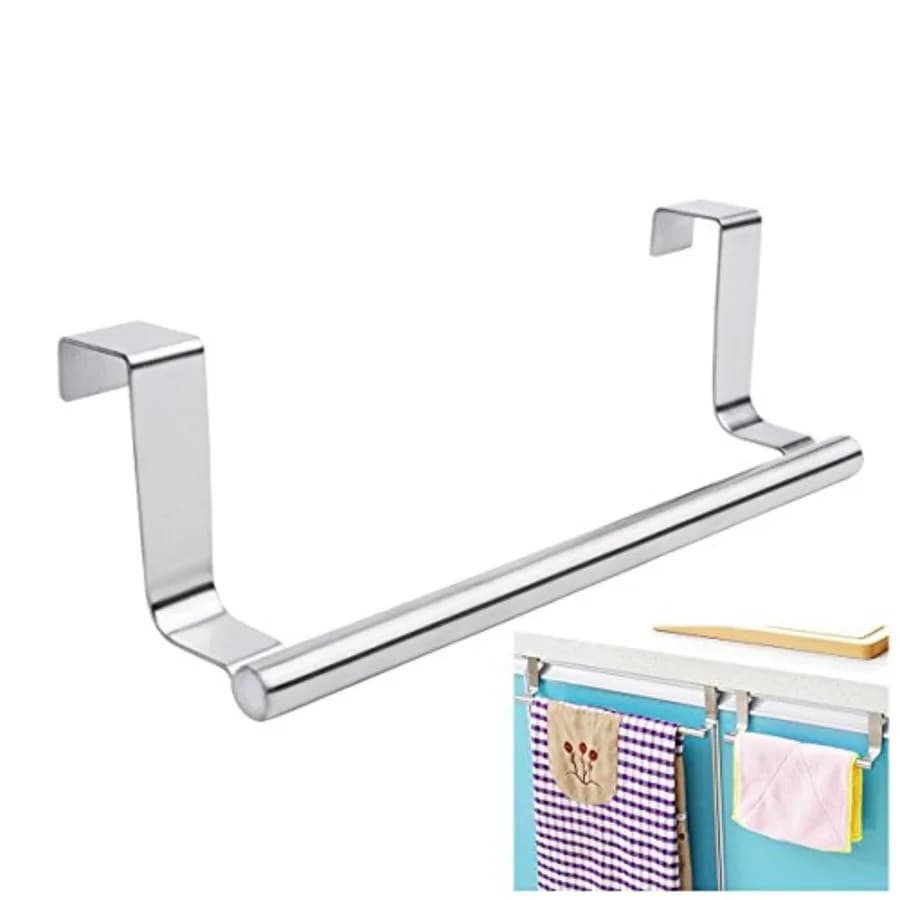 Modern Towel Bar with Hooks for Bathroom and Kitchen, Brushed Stainless Steel Towel Hanger Over Cabinet