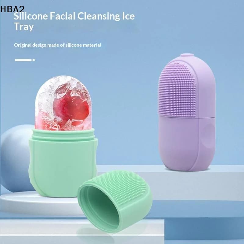 【H】1Pcs Reusable Facial Massage Silicone Face Ice Mold For Beauty Skin Care Face Ice Roller With Cleansing Brush