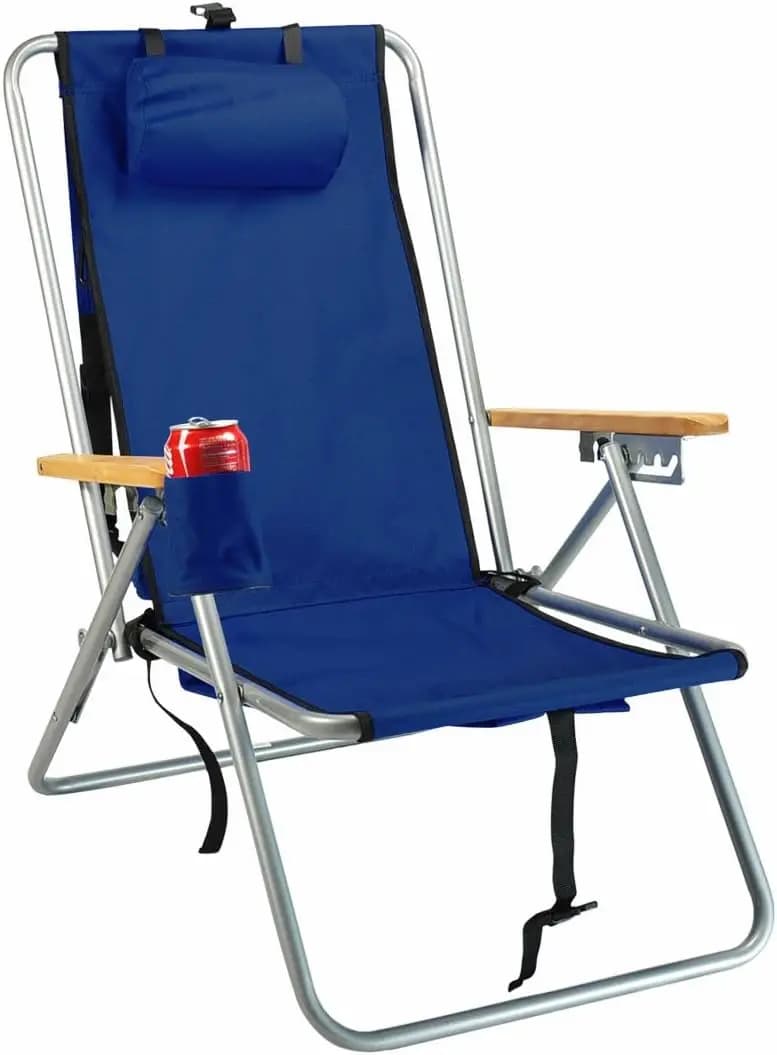 Sedia da Spiaggia Regolabile a 4 Posizioni con Zaino e Cuscino, Design Senza Mani per Adulti e Bambini, Blu Navy