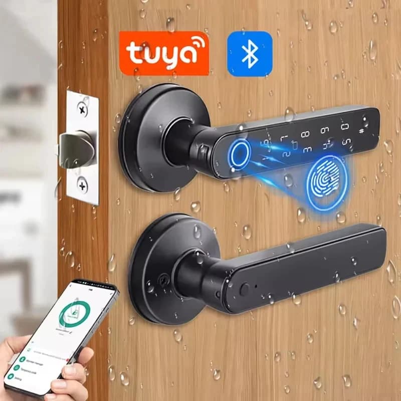 Serratura Intelligente Bluetooth con Impronta Digitale Tuya App, Sblocco con Password, Chiave Meccanica e NFC per Maniglia di Porta in Legno, Impermeabile IP65
