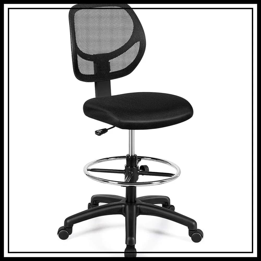 Sedia Ergonomica da Disegno con Supporto Lombare, Altezza Regolabile, Anello Poggiapiedi, Nera per Scrivania da Ufficio
