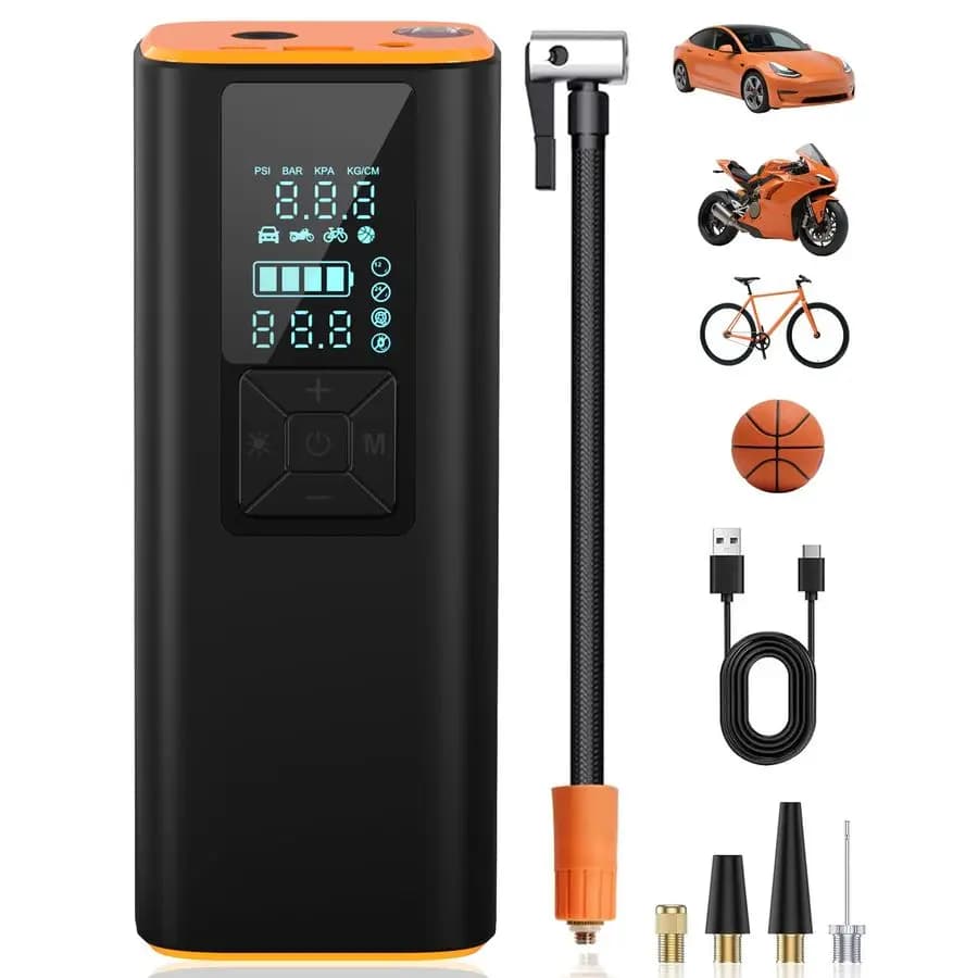 Gonfiatore Compressore d'aria portatile 150PSI, Durata della batteria extralunga, Pompa d'aria con spegnimento automatico per pneumatici per auto, Display LCD con 4 modalità,