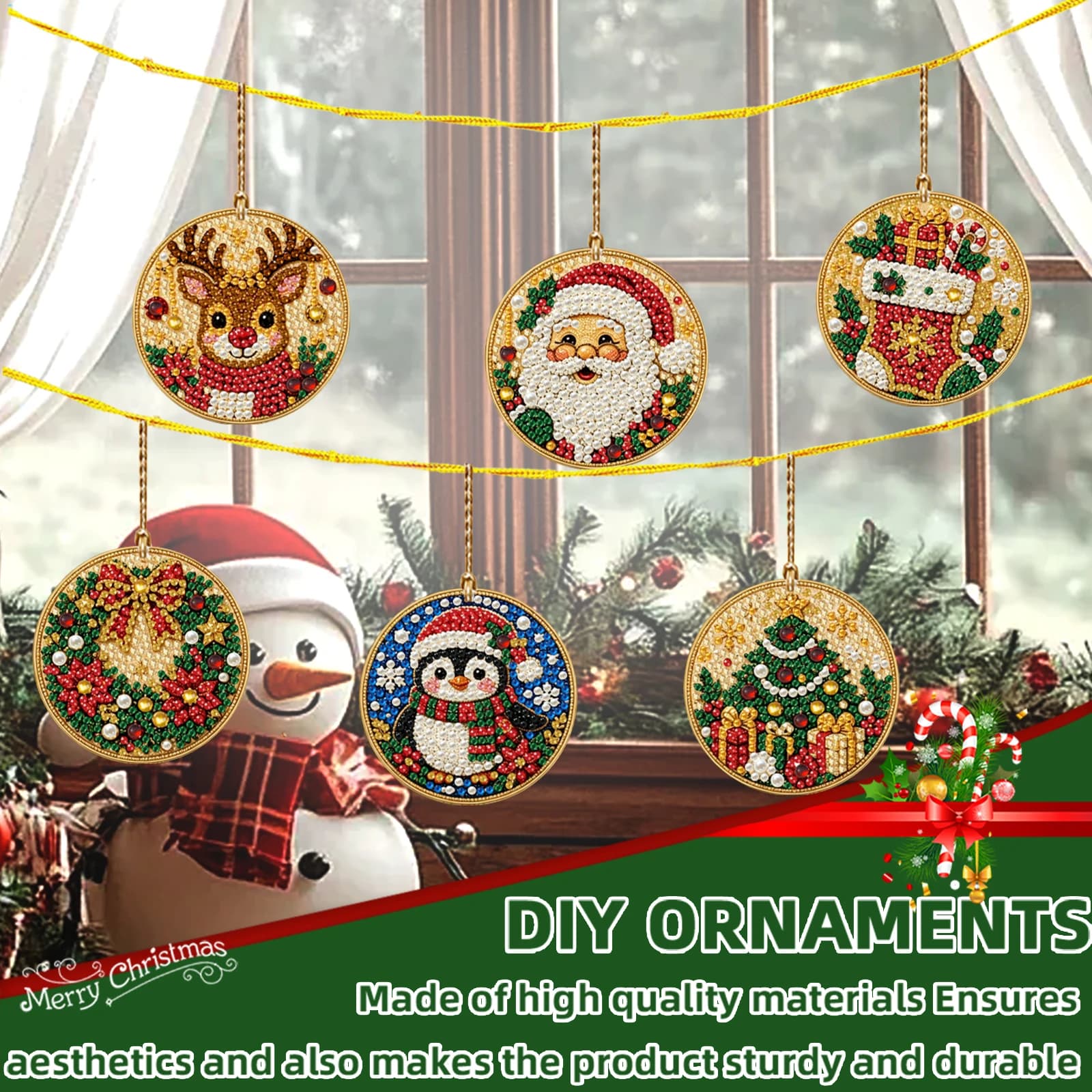 6pcs Round Wooden DIY Diamond Painting Christmas Ornaments Holiday Hanging Decor Craft Kit with Tools