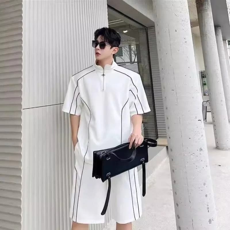 Men's Sports Complex Inspired by Korean Fashion, Set 2 Pieces: T-Shirt with Half Zip and Shorts, Large fit, Casual Summer, Breathable and Fast drying