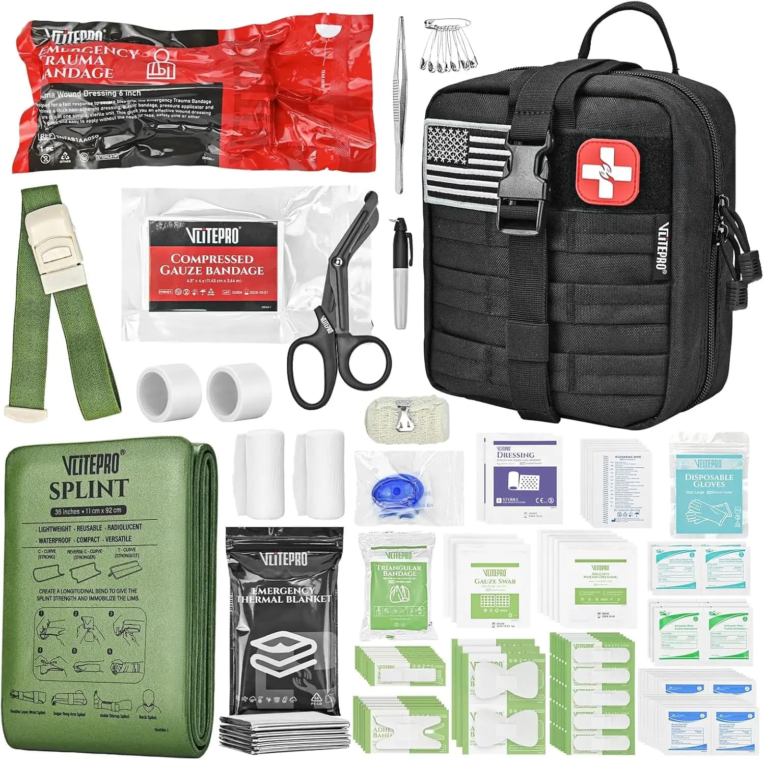 Kit di pronto soccorso tattico con benda per traumi, tutore e laccio emostatico per campeggio militare, escursionismo e viaggi, nero