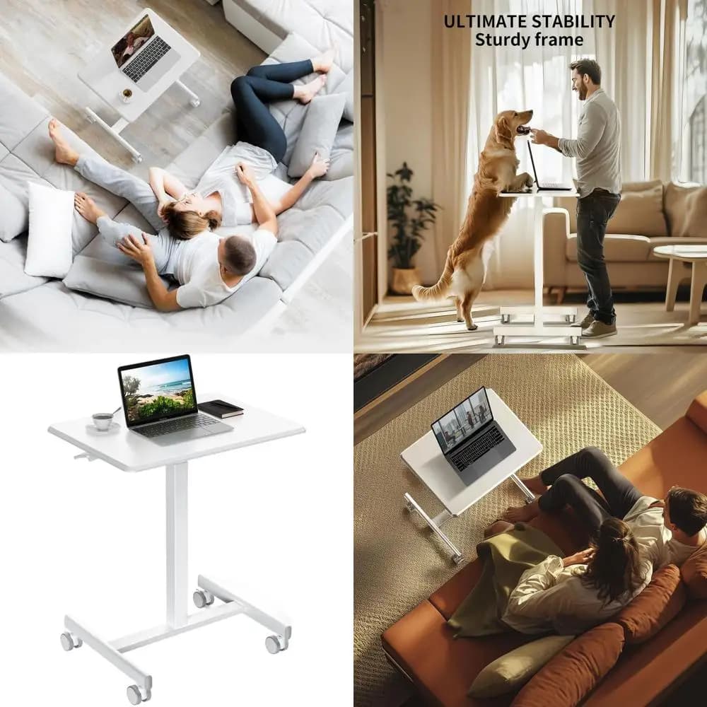 Scrivania regolabile in altezza con ruote, tavolo portatile per laptop con ruote bloccabili, bianco