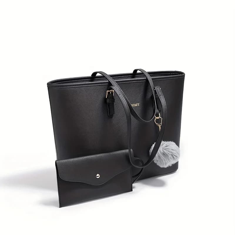 2PC + Women's PU Leather Shoulder Bag Computer Bag Large Capacity Black Valentine's Day Gift