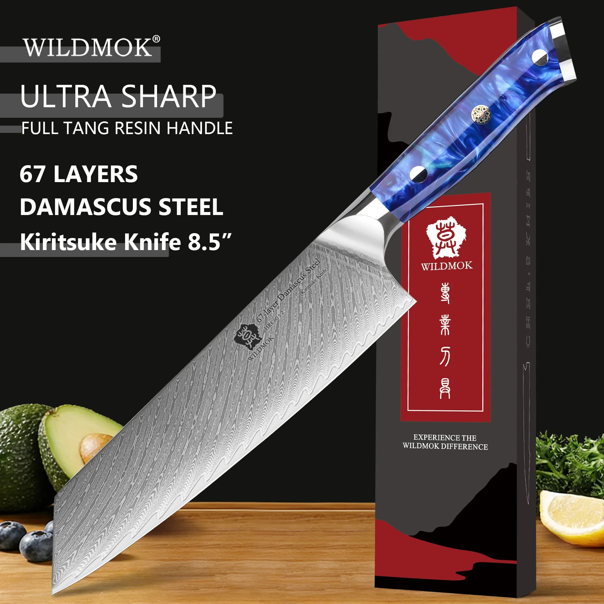 Chef Kiritsuke WILDMOK 8.5" knife in Damascus steel, Blue Resin Handle, Sharpened as a Razor, for Domestic Kitchen