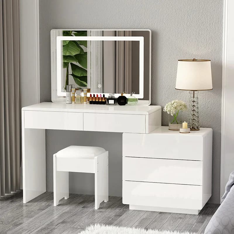 Tavolo da toeletta con specchio e cassetti, bianco, con luce, per gioielli e cosmetici, mobiletto organizer, stile cinese