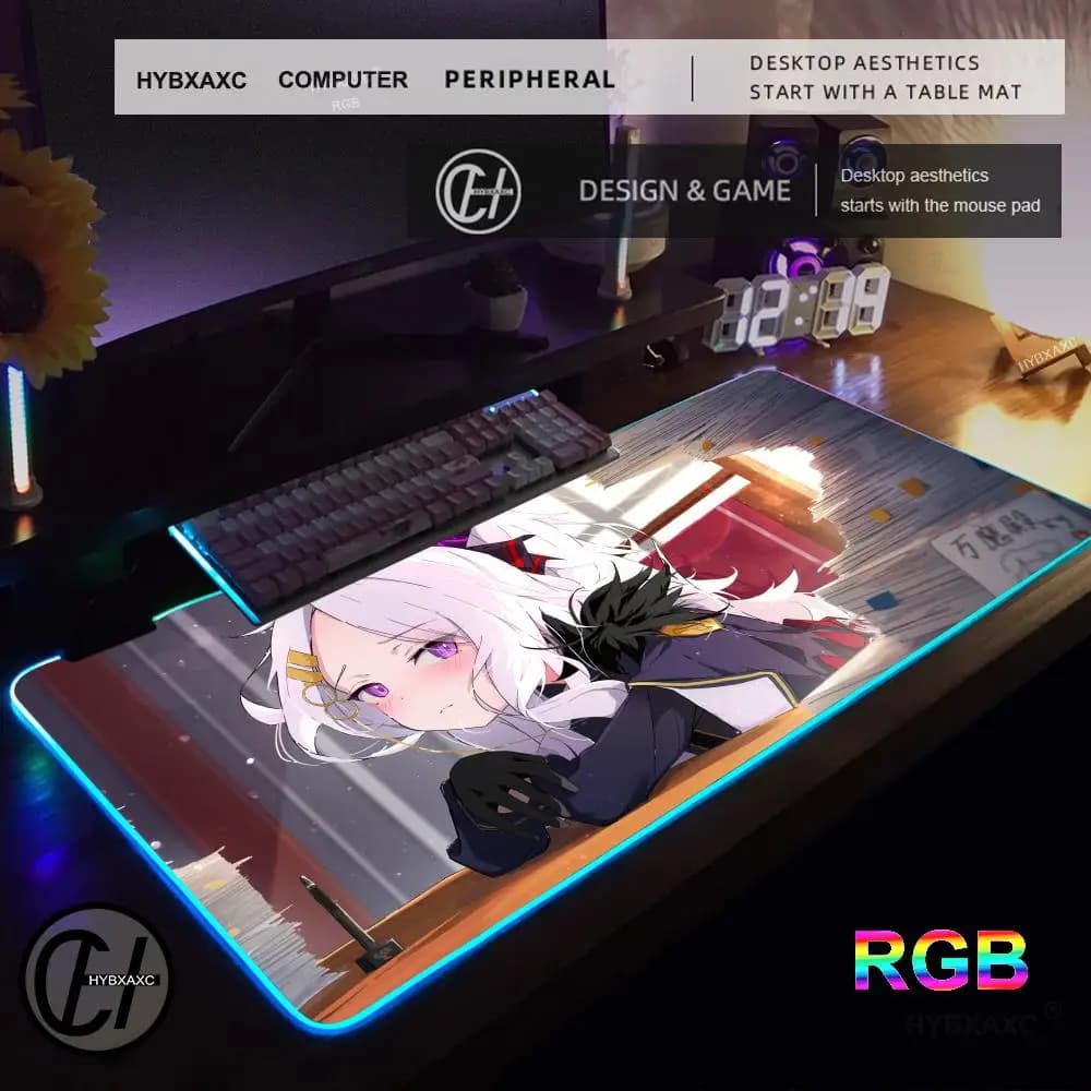 Tappetino per Mouse RGB HYBXAXC, Tappetino da Scrivania per Gaming HD, Grande Tappetino LED XXL per Giochi, Tappetino per Mouse RGB Blu con Sorasaki Hina