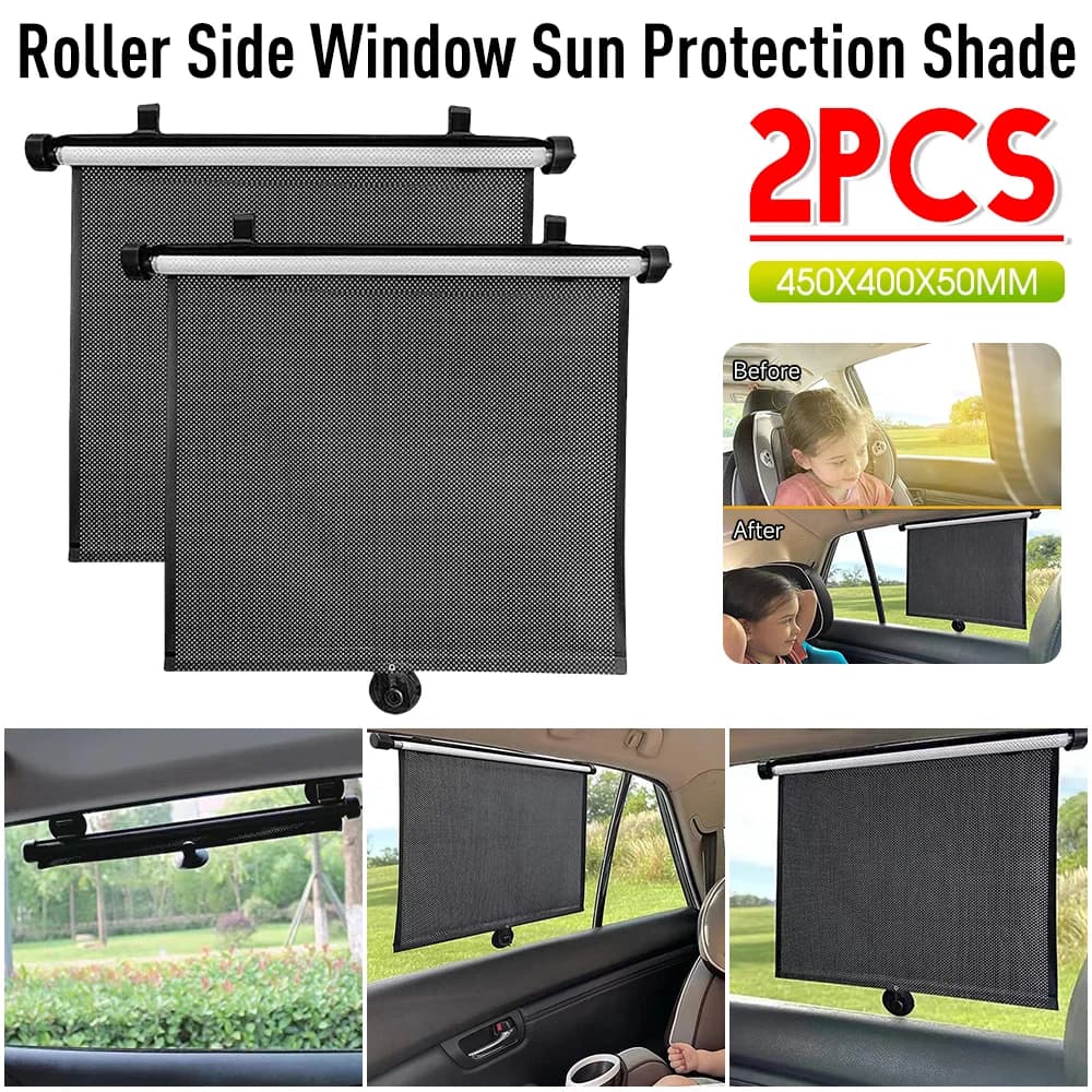 2PCS Tenda parasole retrattile per auto Tende per finestrini laterali 15 pollici Parasole a rullo termoisolante con ventosa Parasole per auto