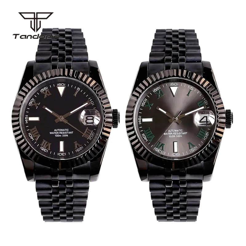 Orologio da Polso Automatico Tandorio PVD Nero Meccanico 36mm/39mm NH35 con Data, Numeri Romani, Quadrante Sunburst, Stile Vintage, Vetro Zaffiro, Senza Logo
