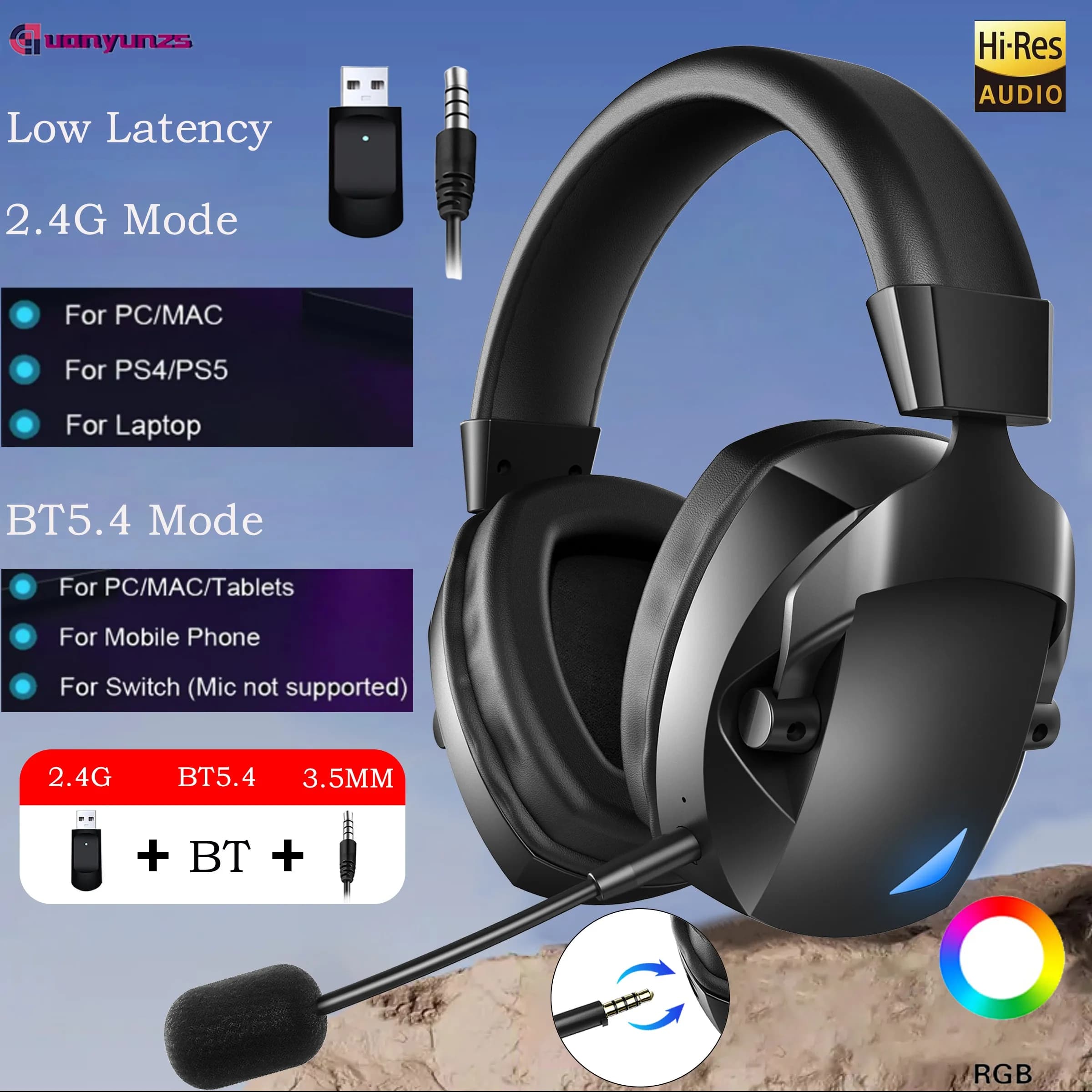 Cuffie da Gaming Wireless 2.4G RGB BT5.3, Auricolari per Giocatori a Bassa Latenza con Audio Surround 7.1, Microfono ENC per PC, PS4, PS5, Switch
