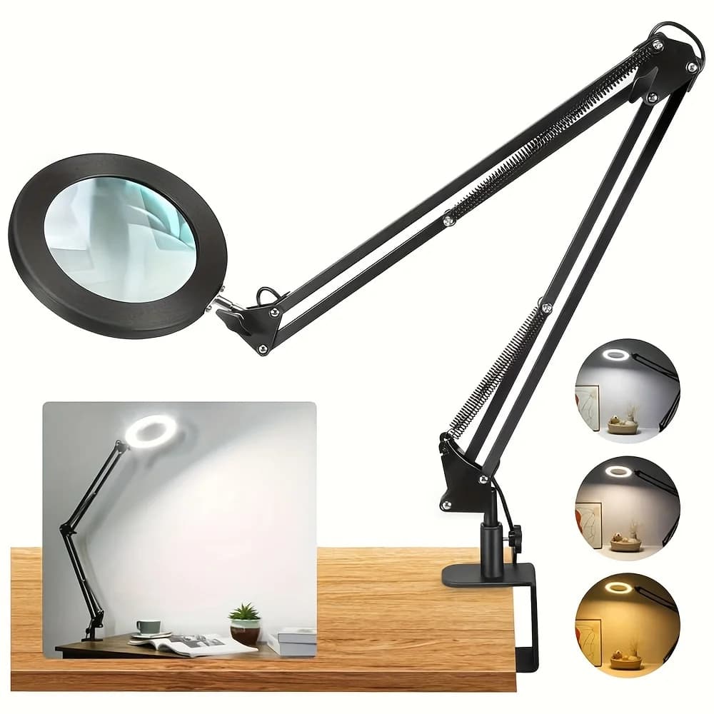 Lente d'ingrandimento grande 10X con luce, lente d'ingrandimento illuminata con supporto in vero vetro, 3 modalità di colore, LED dimmerabile a gradazione continua per scrivania