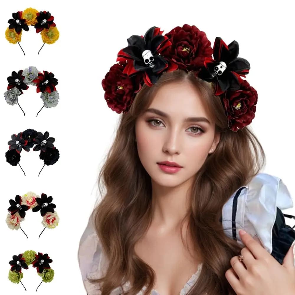 Ulti Color Rose Skull Flower Headband Artificial Flower Hair Hoop Style Floral Crown Headband Gothic Day of The Dead Headband