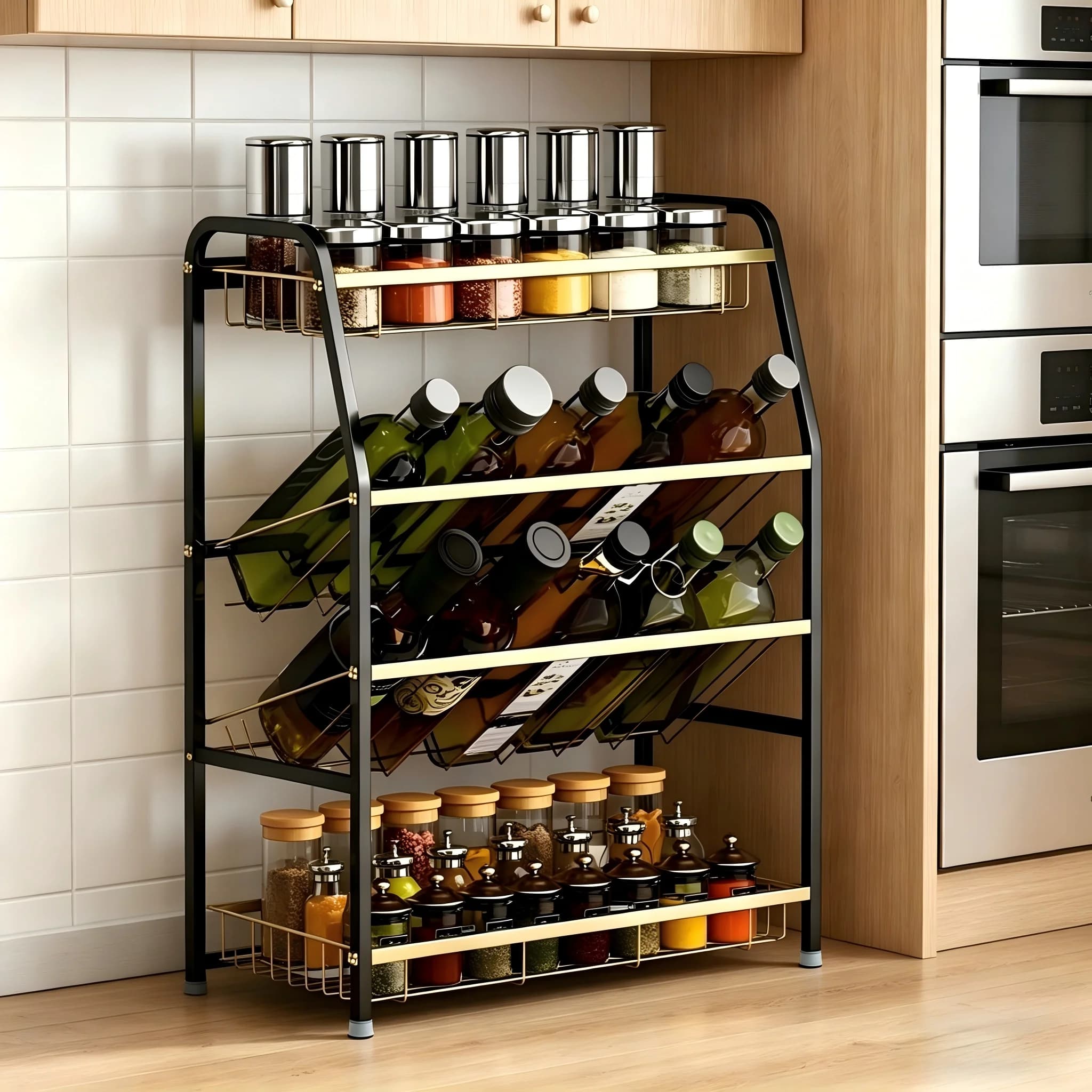 4-Tier Kitchen Spice Rack Organizer Wall Mounted / Countertop 2-in-1 Stainless Steel Seasoning Storage Shelf with Knife Holder &