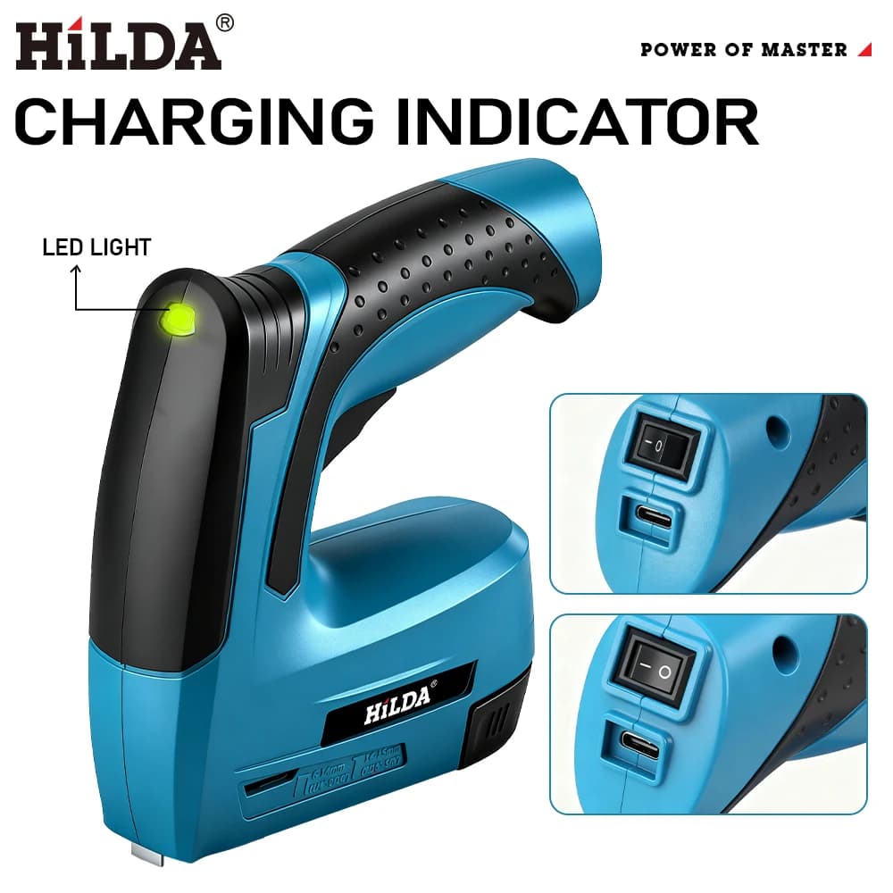 HILDA Pistola Sparachiodi Elettrica 2 in 1 Portatile con Luce LED, Pistola Pneumatica per Mobili, Pistola Sparachiodi ad Aria con 2000 Graffette, Strumenti Fai-da-te
