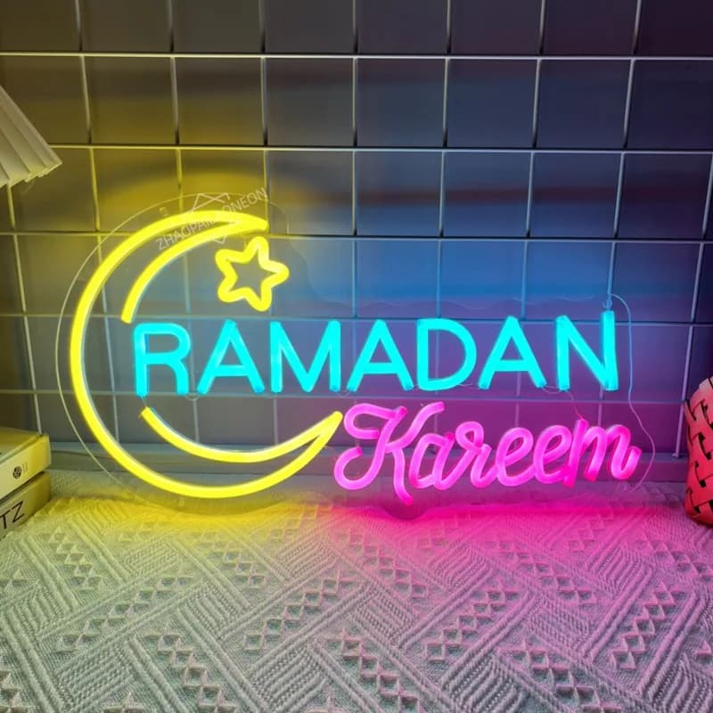 Ramadan Kareem Insegna al neon Decorazione da parete Luce al neon Ramadan per la casa Camera da letto Negozio Bar Regalo per feste Decorazione da parete artistica Alimentata tramite USB