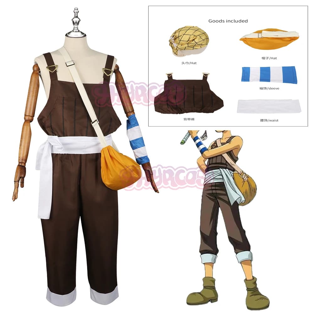 Anime UUsopp Cosplay Costume Brown Rompers Uniform T-shirt Scarf Full Set Adult Man Carnival Halloween Suit 5PCS Accessories