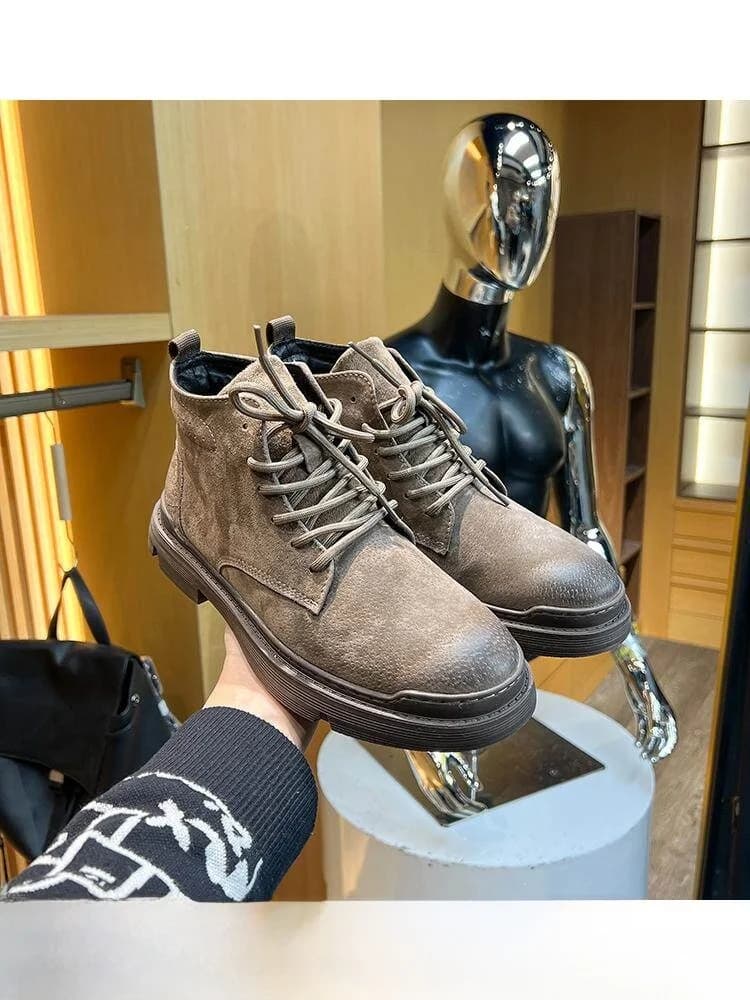 Thickened Boots Pig Skin Rubber Non-Slip Bottom Winter Men's Fleece Lined Boots Breathable Casual round Toe Short Boot