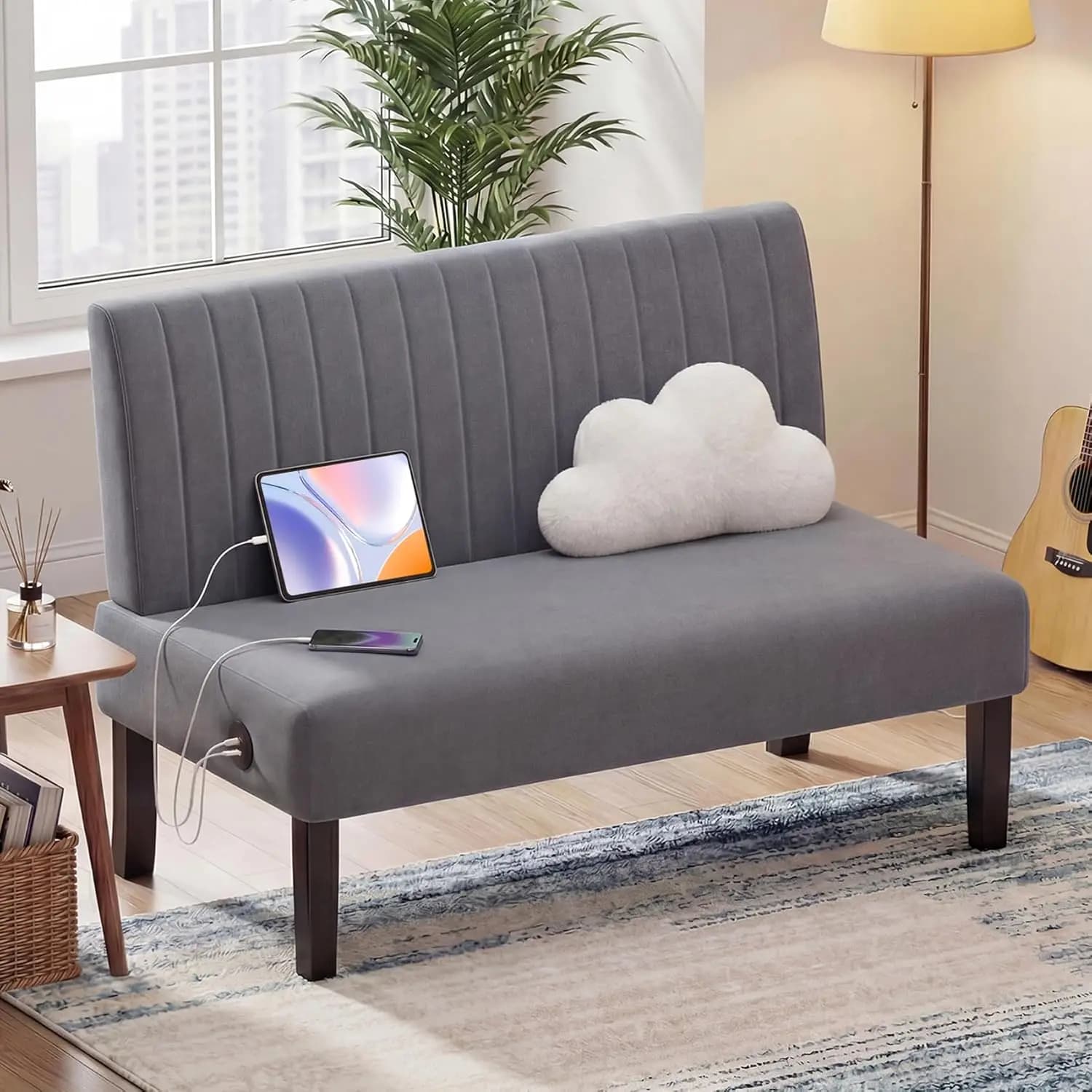 Mini Divano Comodo Senza Braccioli per Camera da Letto con Porta USB, Divani in Velluto per Piccoli Spazi, Soggiorno, Appartamento