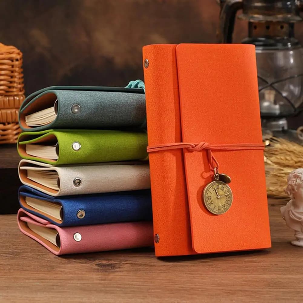 A6 Faux Leather Journal Notebook, 6 Ring Loose Leaf Binder with Retro Clock Pendant, 7 Inch Personal Planner for Travel Writing,